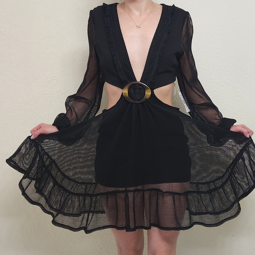 Black Sheer Ruffle Dress with Belt